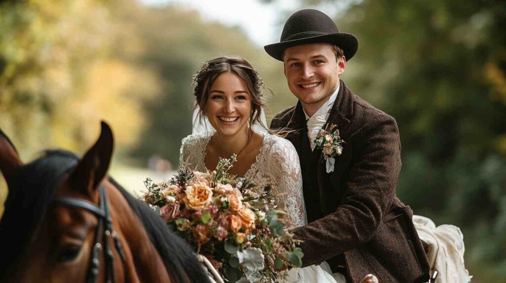 Smiling bride and groom in country wedding attire riding a brown horse through a forest path, holding a rustic bouquet of peach and blush flowers