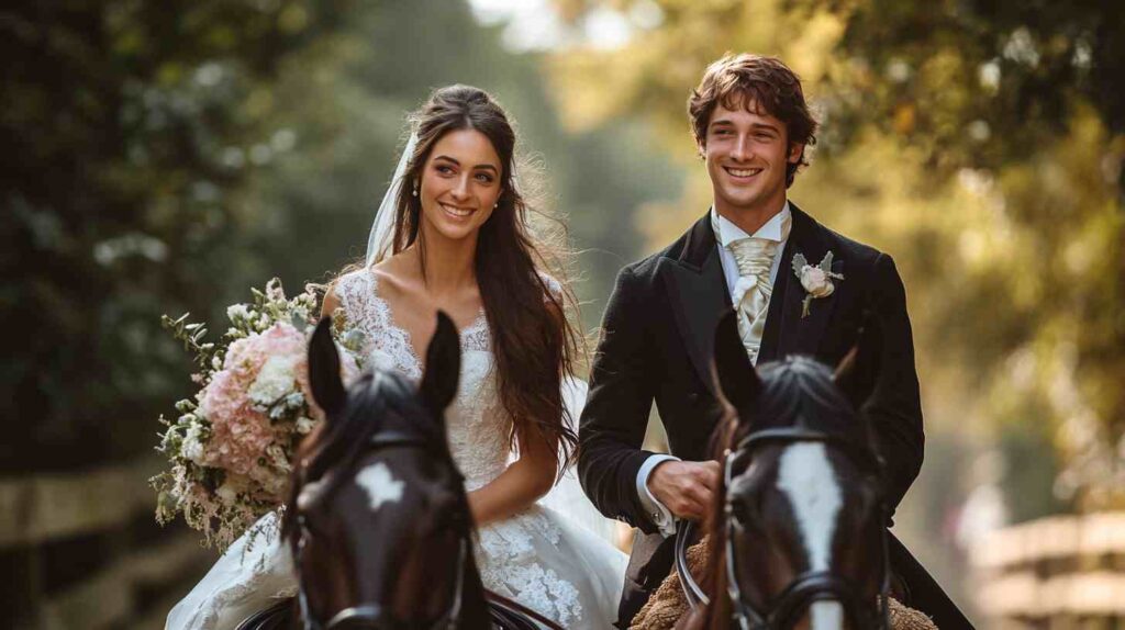 Bride and groom smiling while riding horses side by side at their country wedding, bride holding bouquet, sunlight filtering through trees