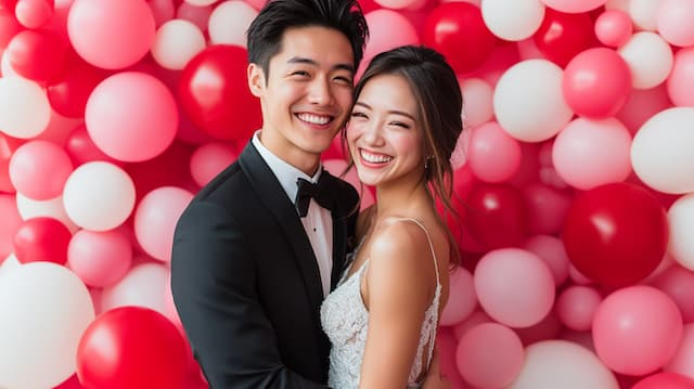 Bride and Groom In the Photobooth Bride and Groom Smiling Together, Surrounded by Red and White Balloons, Radiating Joy