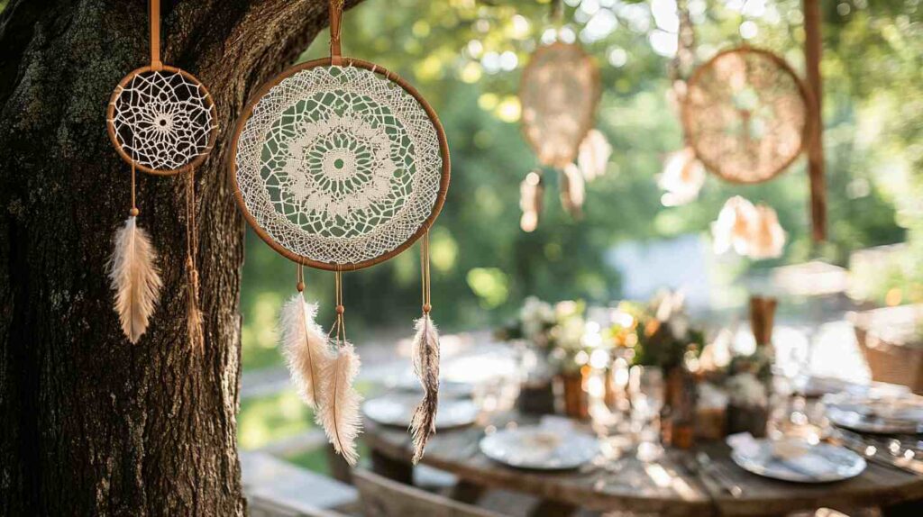 Lace dreamcatchers with soft feathers hanging from a tree above a rustic outdoor table set for a country wedding in warm dappled sunlight