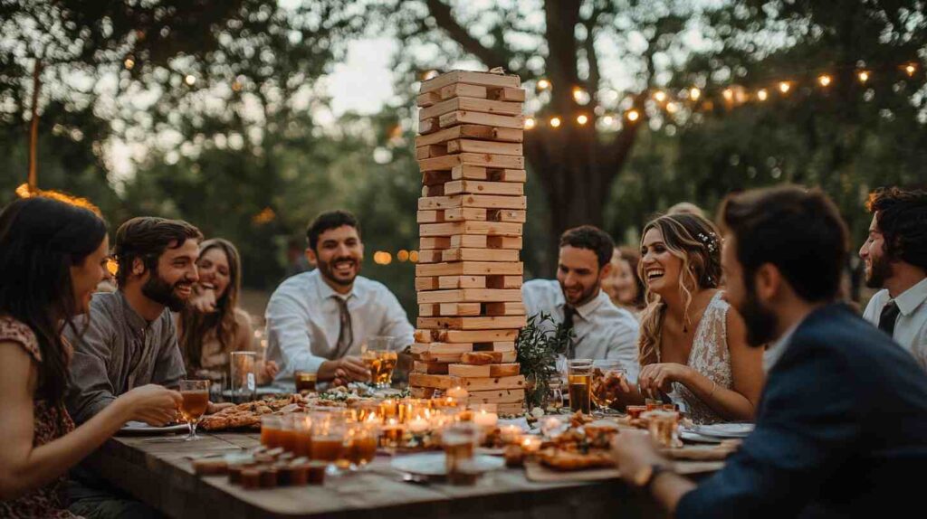 Guests laughing around a long farm table at dusk playing giant Jenga under string lights during a country wedding reception
