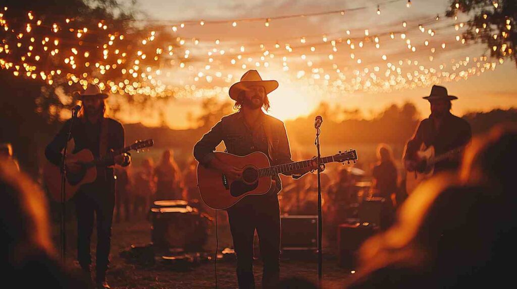 Country wedding band performing at sunset under string lights, with guests dancing and enjoying live music in a rustic outdoor setting