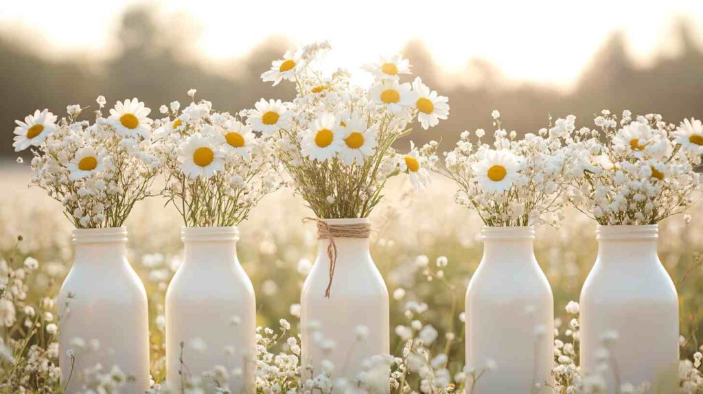 White milk bottle vases filled with fresh daisies and baby's breath set in a sunlit field, creating a soft rustic country wedding centerpiece display
