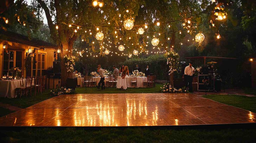 Outdoor country wedding reception under glowing string lights and hanging lanterns, with guests dining and dancing beneath the trees