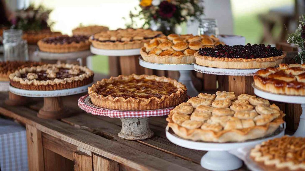 Rustic pie dessert table at a country wedding featuring homemade fruit pies, tarts, and pastries displayed on wooden and ceramic stands