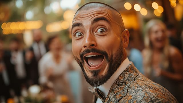 Groom making Goofy Faces A joyful guest at the wedding smiling with excitement, dressed in a suit, with a playful expression in a festive atmosphere