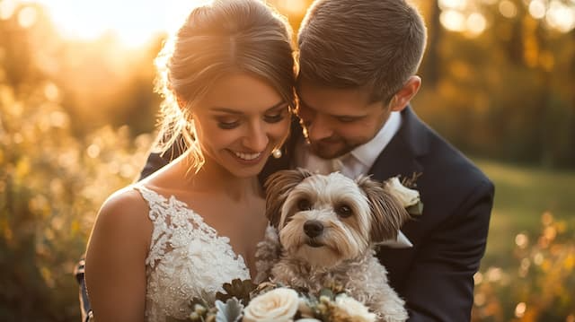Bride and Groom Posing with Pets Bride and groom smiling joyfully together while holding their dog, surrounded by beautiful sunlight and greenery
