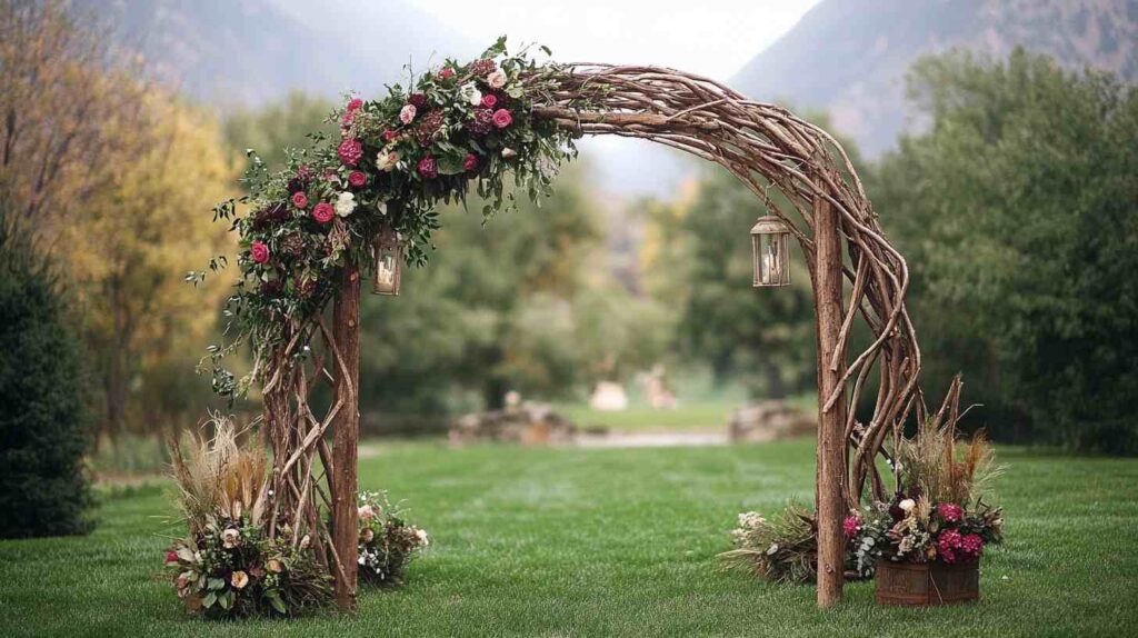 Rustic wooden wedding arch made of twisted branches and adorned with pink and white roses, greenery, and hanging lanterns in a scenic outdoor setting