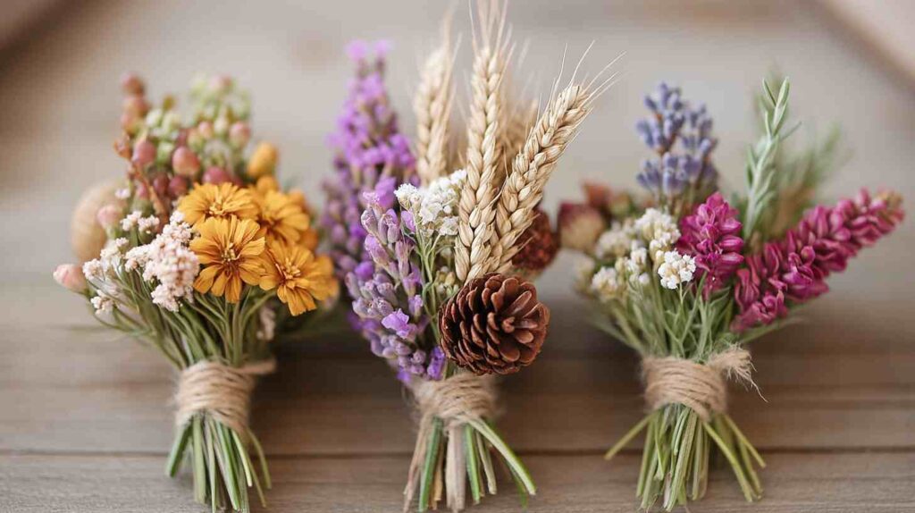 Rustic wedding boutonnieres made of wheat, pinecones, lavender, and dried flowers tied with twine, perfect for a country wedding theme