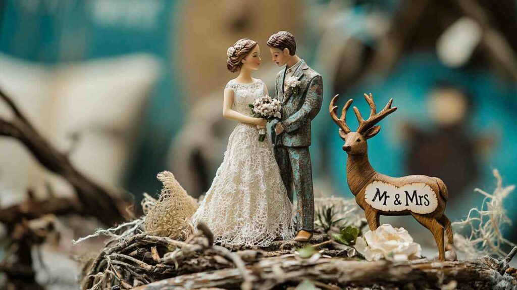 Rustic wedding cake topper with bride and groom figurines beside a deer marked Mr and Mrs on a woodland base of twigs lace and flowers, country style