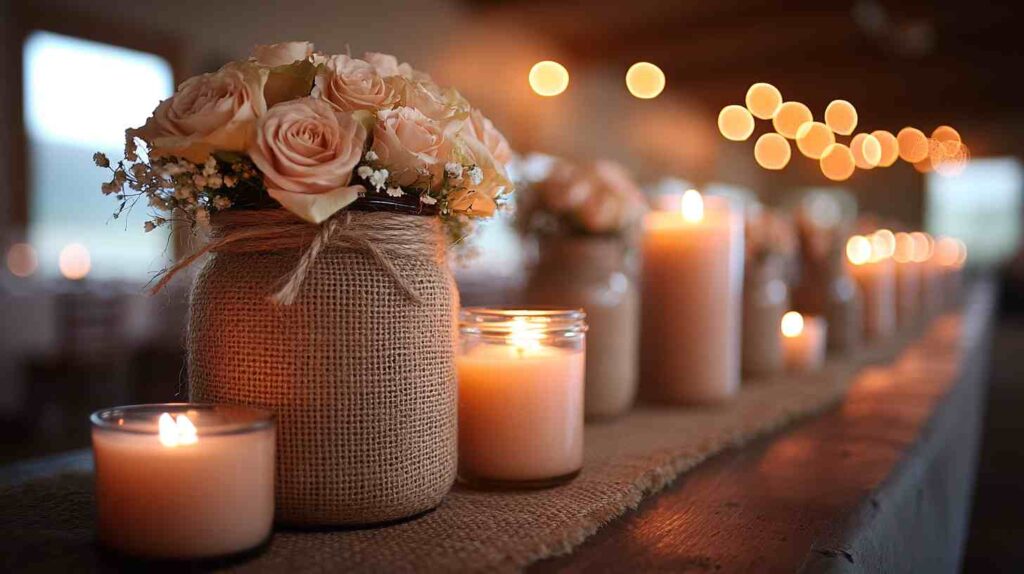 Rustic wedding table décor with burlap-wrapped mason jars filled with blush roses and glowing candles, creating a warm cozy country ambiance with bokeh lights