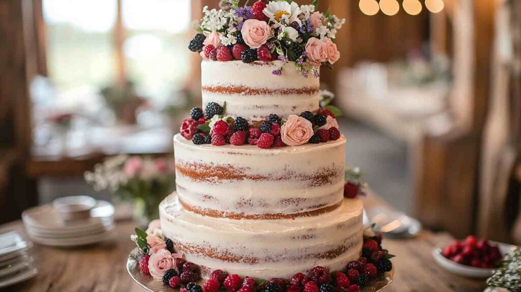 Three-tier semi-naked wedding cake decorated with pink roses, daisies, and fresh berries on a rustic wooden table in a barn setting