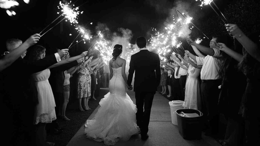 Bride and groom walk hand in hand through a sparkler tunnel at night as guests cheer and hold glowing sparklers for a magical wedding send off