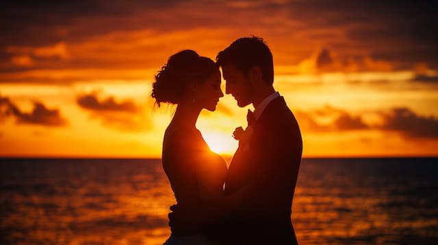 Sunset Embrace by Bride and Groom Bride and groom embracing each other during a sunset, silhouetted against a fiery sky, capturing the romantic essence of the moment