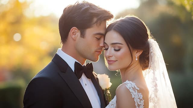 Tender Forehead Kiss Bride and groom sharing an intimate forehead kiss, surrounded by a glowing sunset backdrop, capturing a tender, romantic moment