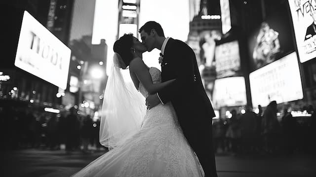 Bride and Groom The Dip Kiss Bride and groom sharing a kiss in Times Square, surrounded by vibrant city lights in black and white