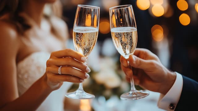 Bride and Groom Toasting Each Other Bride and groom clinking champagne glasses in celebration, their wedding rings gleaming as the soft bokeh lights set a romantic atmosphere