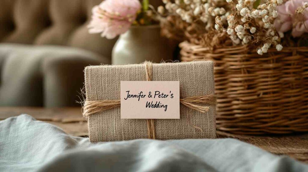 Rustic twine-wrapped wedding invitation with a linen cover and personalized tag reading “Jennifer & Peter’s Wedding,” surrounded by soft florals