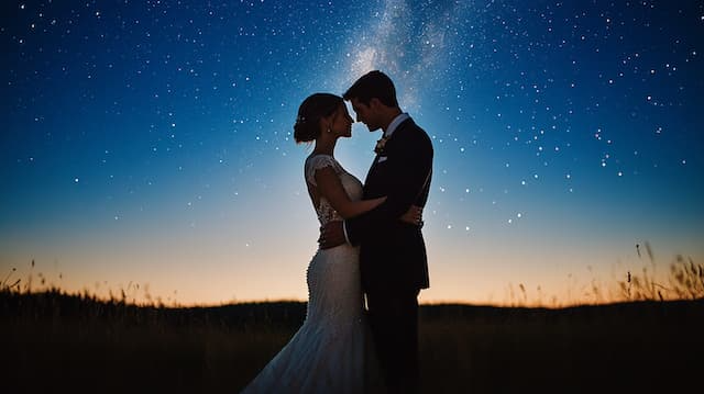Bride and Groom Under the Stars Bride and Groom Embracing Under a Starry Sky, Capturing the Romance of Their Wedding Night