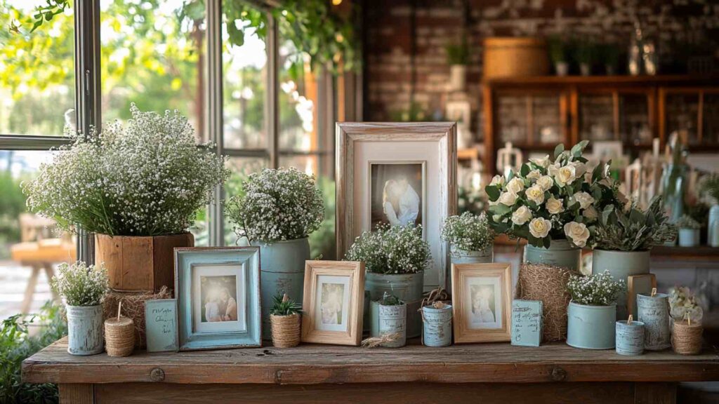 Rustic family photo display at a country wedding with framed pictures, baby's breath, roses, and vintage-style vases arranged on a wooden table by sunny windows