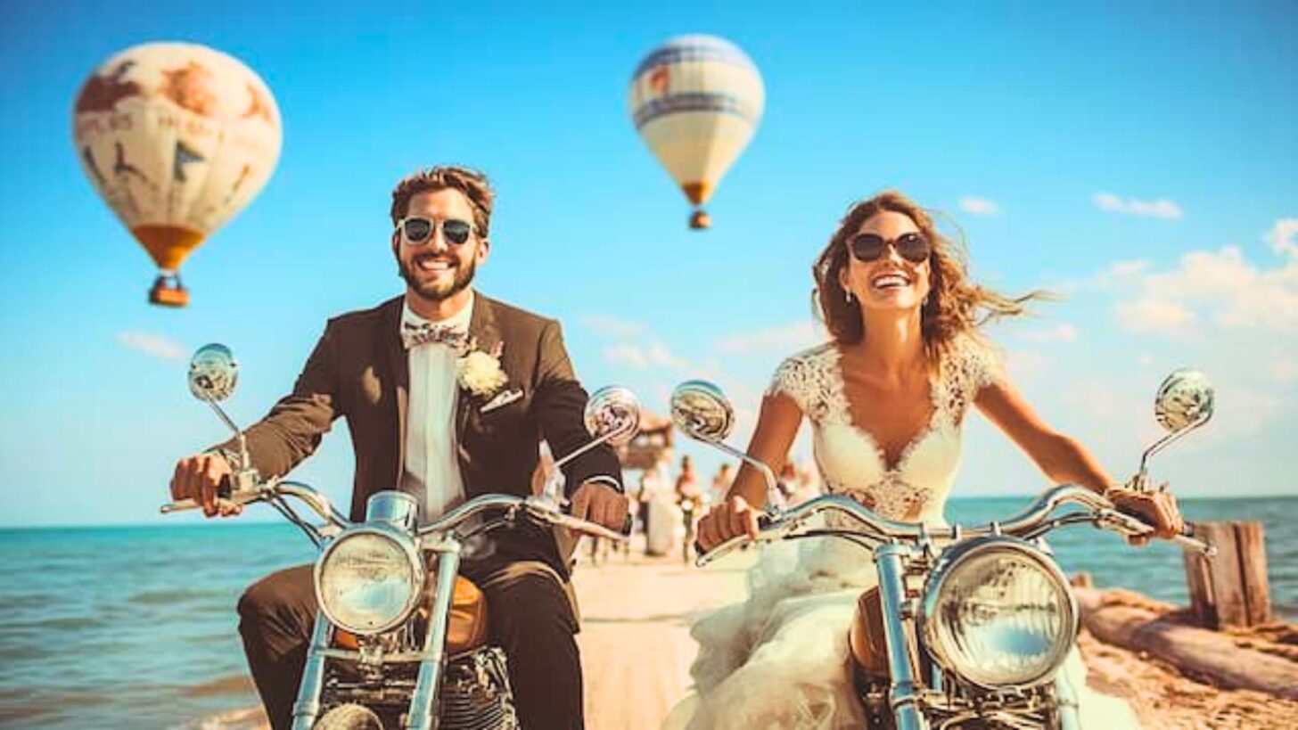 41 Must-Have Photos With Your Groom: Make Every Moment Picture-Perfect! 26 Bride and Groom Riding Motorcycles Together on Their Wedding Day, With Hot Air Balloons in the Background, Capturing an Adventurous Moment