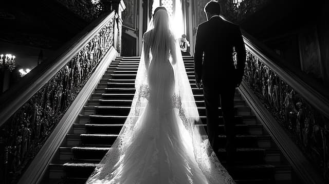 Veil Reveal bride and groom walking up an ornate staircase, bride in a lace wedding gown and veil, groom in a black suit, bathed in soft light from above