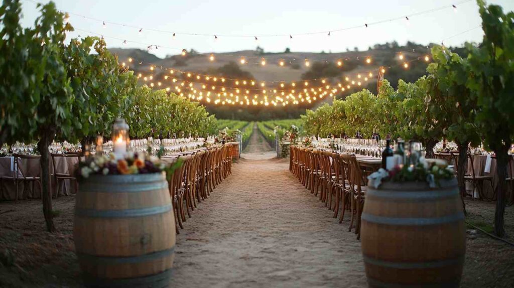 Romantic vineyard wedding reception at sunset with long wooden tables, wine barrels, and glowing string lights between vineyard rows