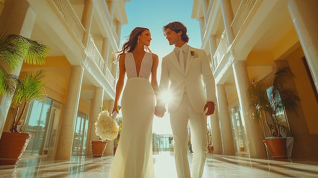 Bride and Groom Walking Hand in Hand Bride and Groom Walking Hand-in-Hand, Surrounded by Beautiful Architecture and Sunlight