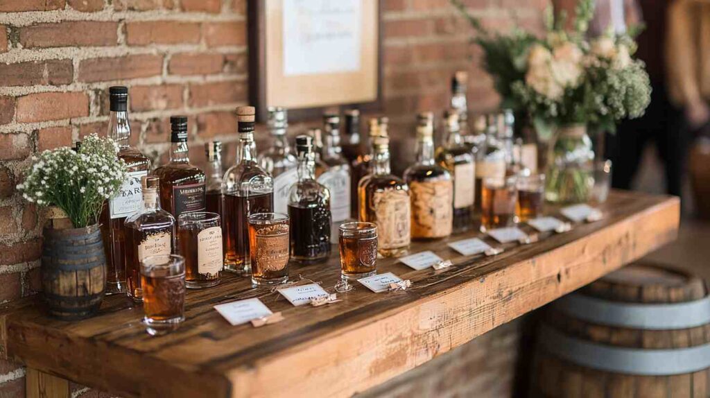 Rustic whiskey bar at a country wedding with assorted bourbon and scotch bottles on a wooden table, tasting glasses, and floral accents