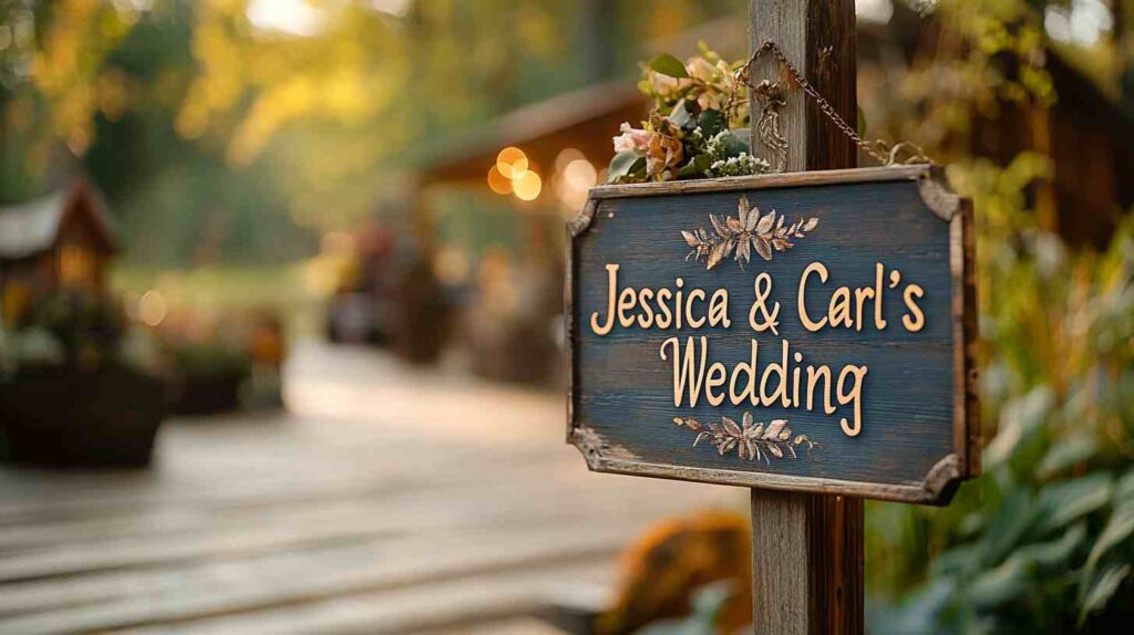 Rustic wooden wedding sign reading “Jessica & Carl’s Wedding,” decorated with flowers and hanging outdoors along a wooden pathway at sunset
