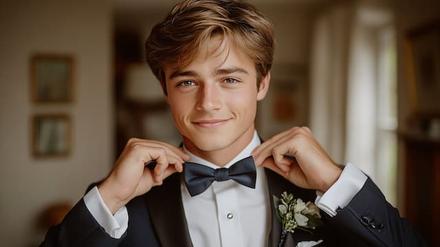 Bride and groom Getting Ready Together young man in a tuxedo adjusting his bow tie, smiling at the camera with a confident and charming expression