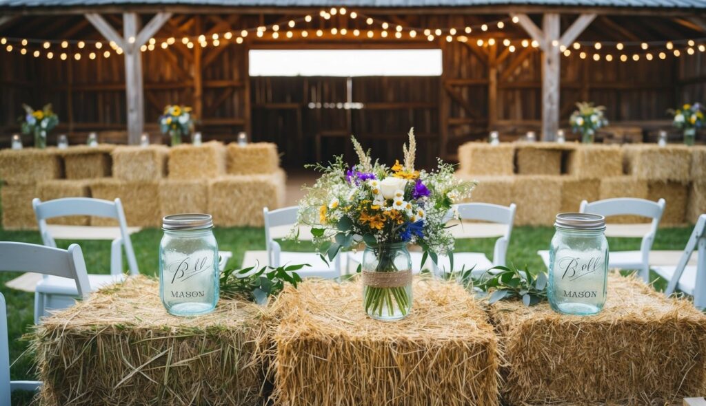 Rustic barn wedding setup with hay bale seating, mason jar centerpieces, wildflower bouquets, and string lights for cozy country charm