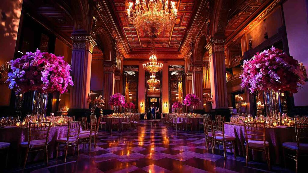 Art Deco Themed Wedding Art Deco Themed Luxurious ballroom wedding reception with grand chandeliers, gold chairs, and tall pink floral centerpieces under warm romantic lighting
