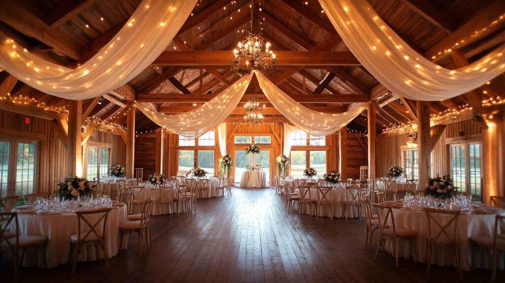 Barn Wedding Ideas Warm barn wedding reception with sheer draped fabric swags, chandeliers, and twinkle lights across wood beams, round tables with elegant florals and soft neutral linens.