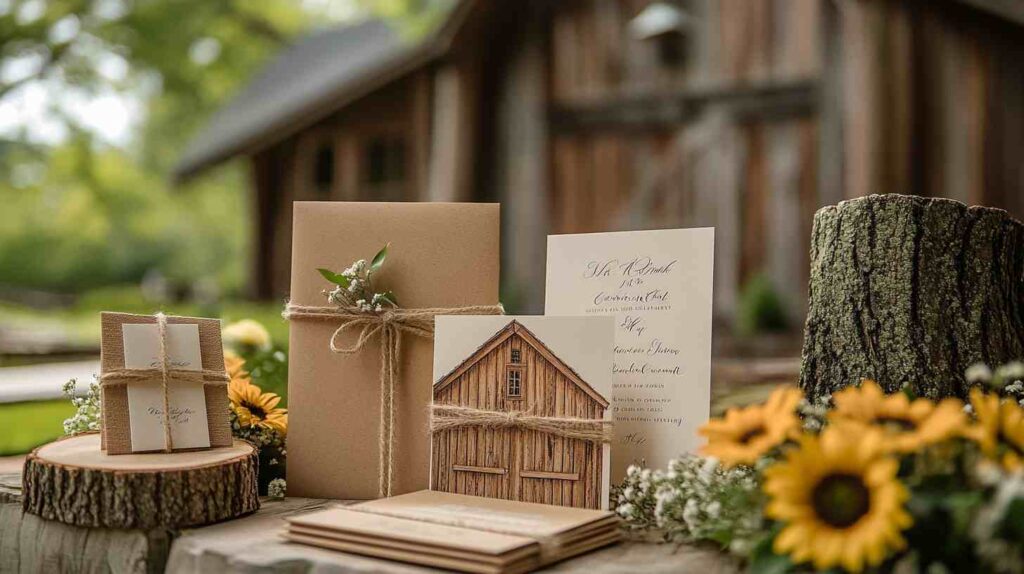 Barn-inspired invitation suite Barn inspired wedding invitation suite in kraft paper with twine and barn art, set on wood slices with sunflowers outside a rustic barn.