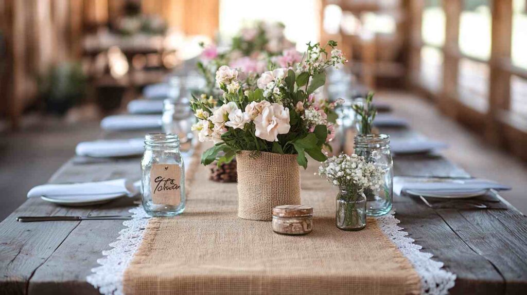 Burlap table runners Rustic barn wedding table with burlap and lace runner, mason jars as vases and glasses, and soft pastel floral centerpiece on wooden farmhouse table