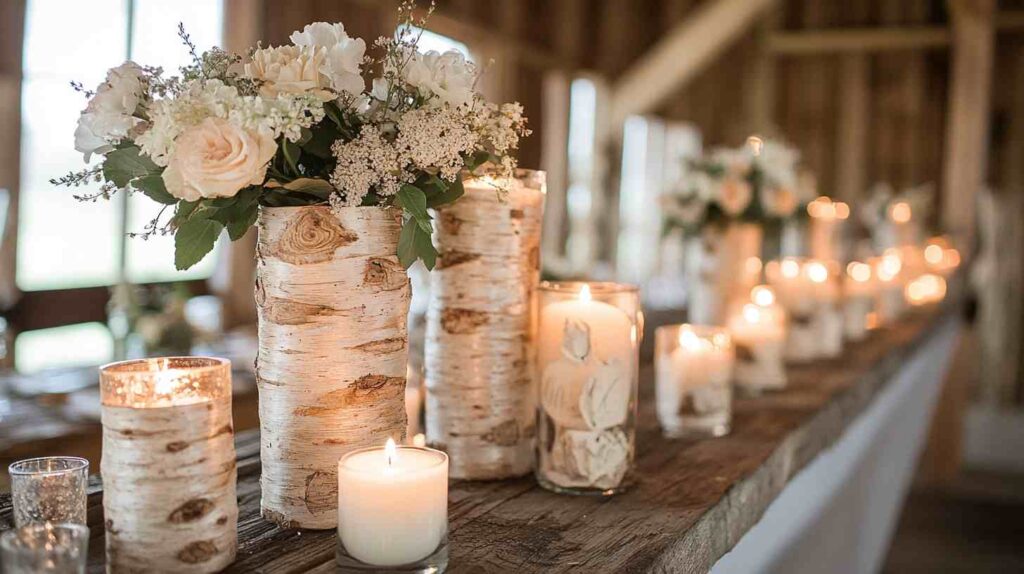 Candles in birch holders Birch bark vases and candle holders with white florals and glowing candles arranged on rustic wooden table for a cozy barn wedding centerpiece display