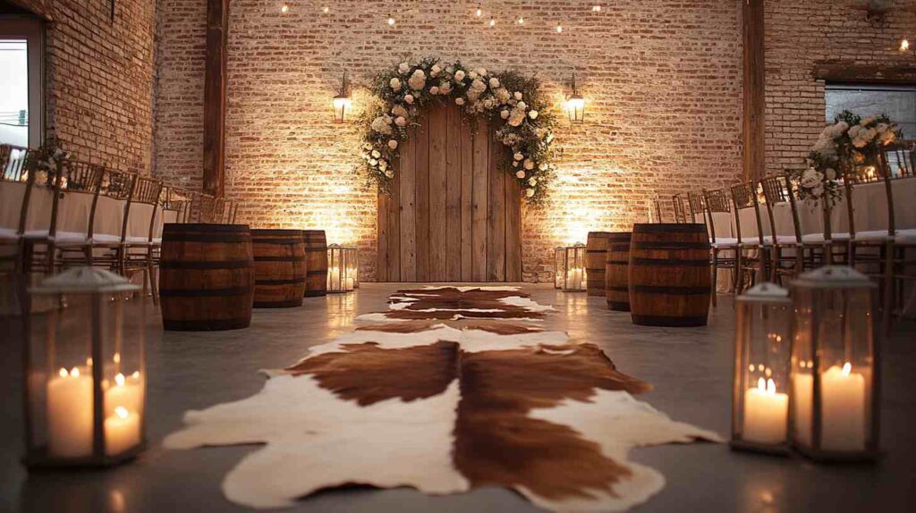 Cowhide rugs Barn ceremony aisle with cowhide rugs and lanterns, whiskey barrels and chairs, floral arch over wooden doors, warm uplighting on brick.