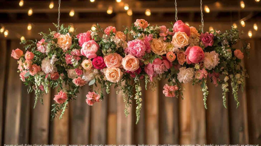 Floral chandelier Lush hanging floral chandelier with cascading pink, peach, and cream roses, peonies, and greenery suspended in a rustic barn with warm string lights in the background.