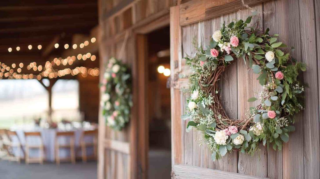Grape vine wreath Rustic barn doors decorated with grapevine wreaths and blush and white florals, greenery, and baby's breath, with string lights and reception tables blurred in the background.