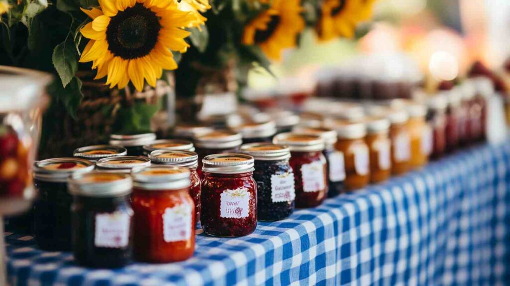 Handmade wedding favors Homemade jam wedding favors in mason jars with handwritten labels arranged on a blue gingham tablecloth, with bright sunflowers and rustic farm backdrop.