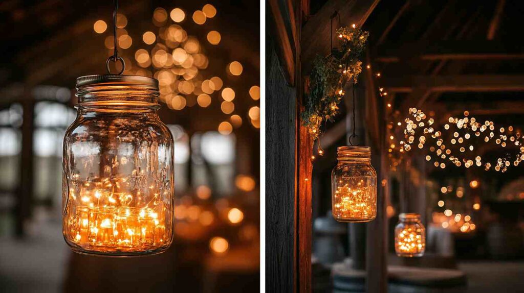 30 Barn Wedding Ideas - Rustic Charm Must-Have Decoration 14 Hanging mason jar lanterns filled with warm fairy lights glow against rustic barn wood, with twinkle lights draped above, creating a cozy, romantic wedding atmosphere.