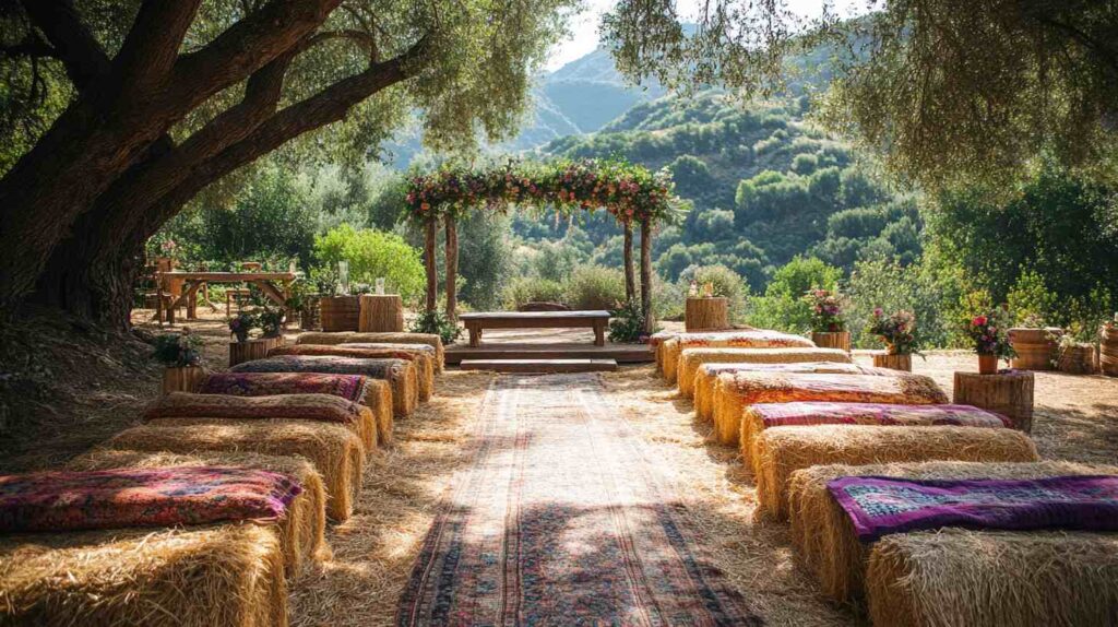 30 Barn Wedding Ideas - Rustic Charm Must-Have Decoration 4 Hay bale ceremony seating topped with colorful woven blankets and patterned rugs, facing a rustic wooden arch adorned with flowers under shady trees and mountain views