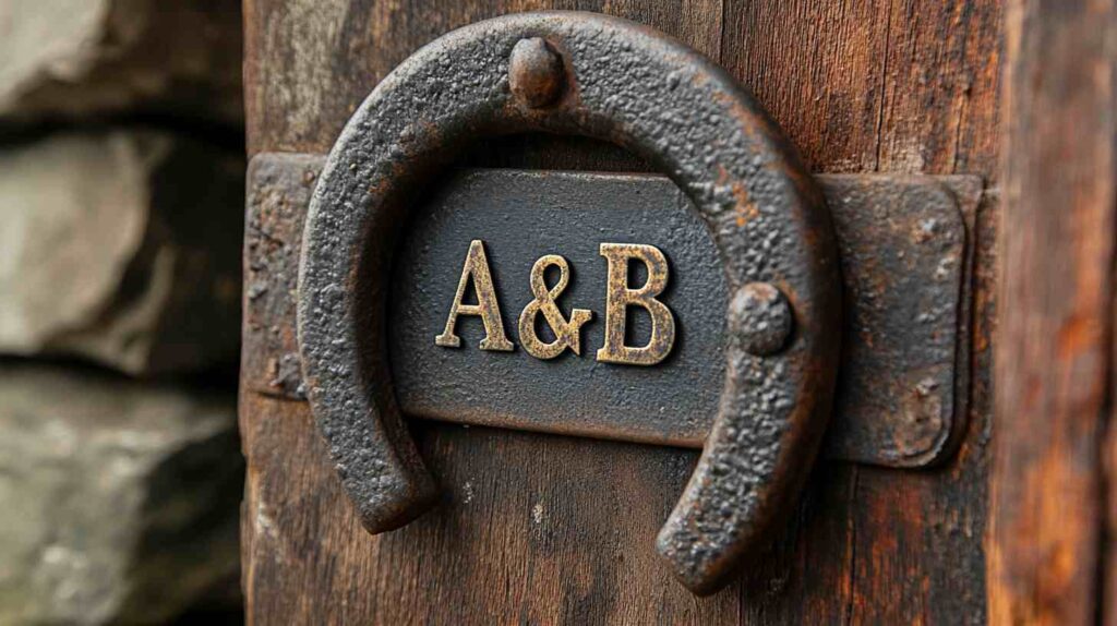Horseshoe monogram Rustic horseshoe monogram decor with weathered iron horseshoe and gold initials “A and B” mounted on wooden barn door, symbolizing luck and personal charm for barn weddings.