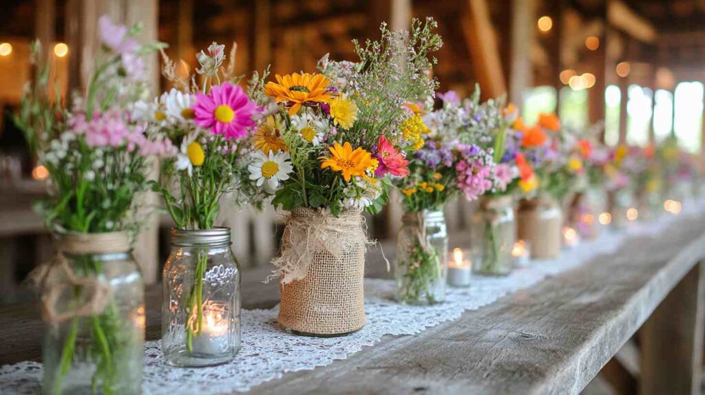 Mason jar centerpieces Wildflower-filled mason jars wrapped in burlap and lace sit along a rustic wooden table with lace runner and glowing candle votives at a barn wedding