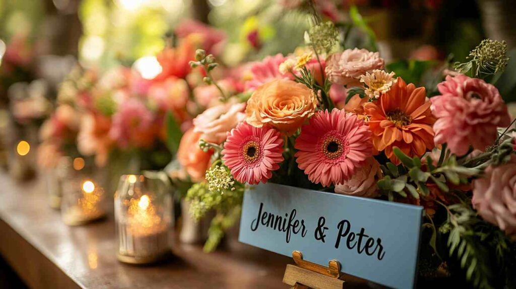 Personalized branding sign Vibrant coral, peach, and pink floral arrangement with roses and gerbera daisies on rustic table, paired with candle votives and personalized Jennifer and Peter name card.