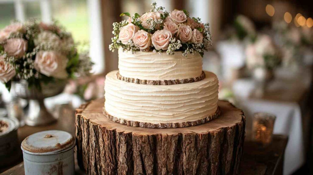 Rustic cake stand Two tier buttercream wedding cake with blush roses displayed on a tree stump stand surrounded by soft florals for a rustic barn dessert table