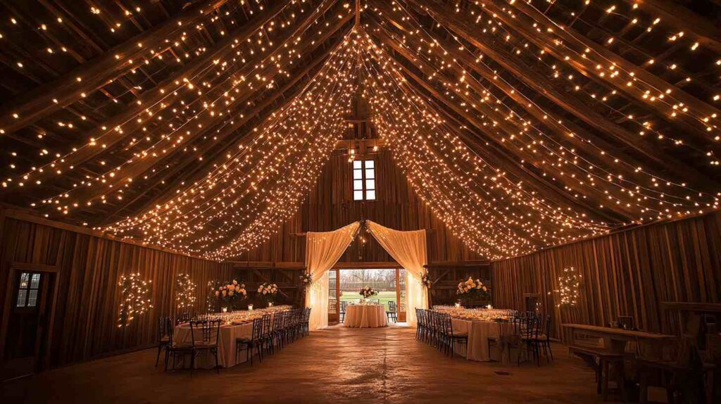 Twinkle lights canopy Warm barn wedding reception with thousands of twinkle lights draped across the rafters, long banquet tables with elegant florals, and draped doorway glowing at sunset