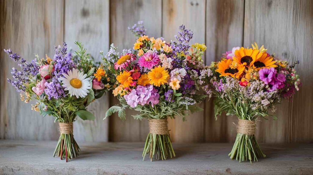 Wildflower bouquets Wildflower wedding bouquets featuring daisies, sunflowers, lavender, and garden blooms wrapped in twine, styled on rustic wood for a barn wedding look.