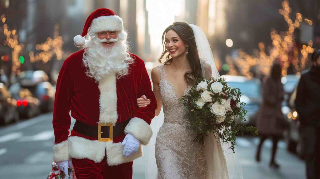 Winter Wedding Bride and Santa Claus A joyful bride with her wedding bouquet smiling alongside Santa Claus on a bustling city street, with Christmas lights creating a festive backdrop.